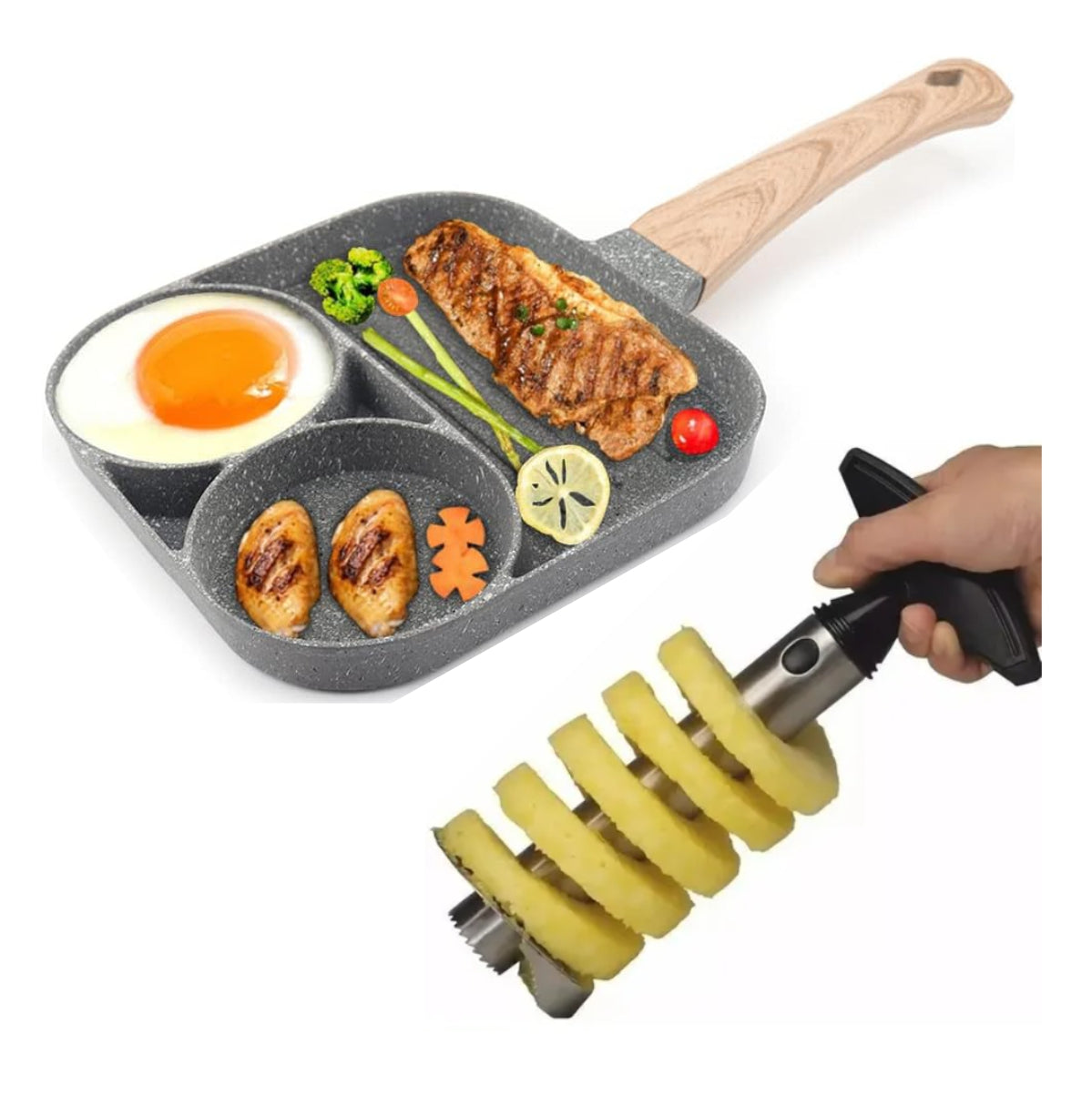 CookSmart™️ – Combo Sartén Antiadherente 3 Puestos + Pela Piña Inoxidable, Cocina Rápida, Limpia y Saludable ✅